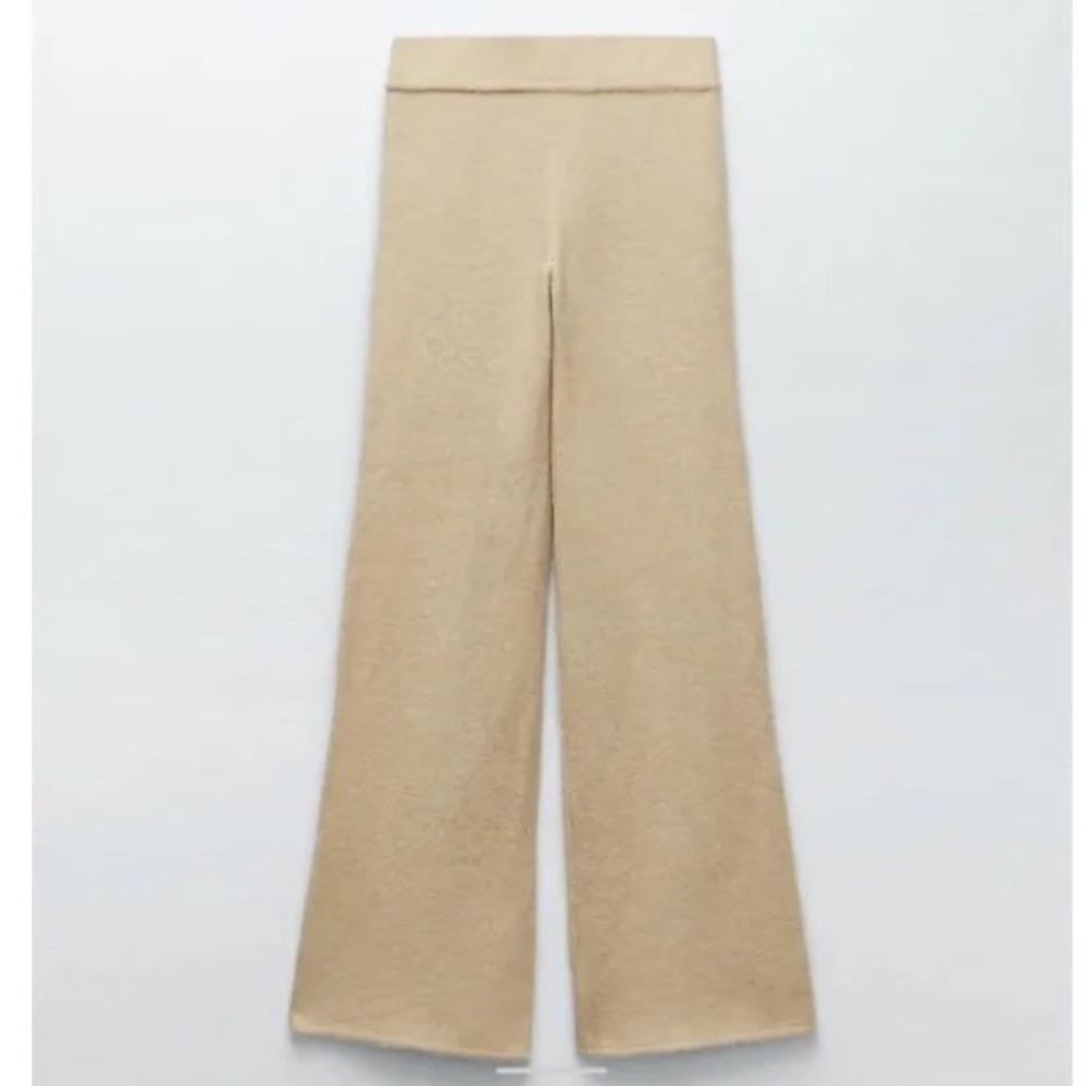 Zara Knit Cream Ribbed High Rise Flare Lounge Pants